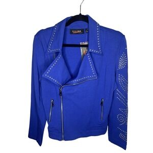 ALLURE Size M Blue Studded Moto Jacket Full Zip Biker Style